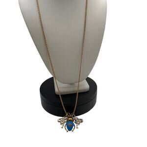 Betsey Johnson Blue Bumble Bee Pendant Brooch Gold Tone Necklace new